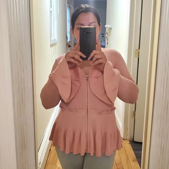 Boston Proper XS Pink Ribbed Knit Ruffled Peplum Zipper Front Cardigan - Picture 1 of 9
